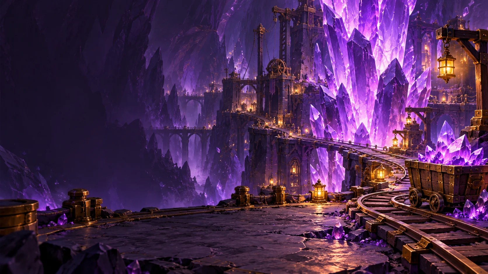 Glowing amethyst crystals in the ETH Bounty cavern