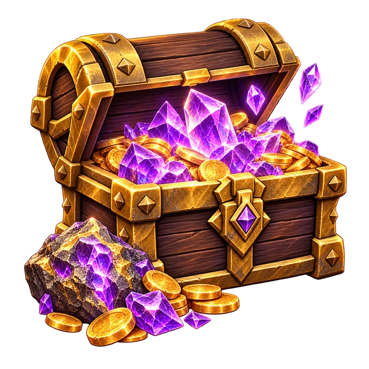 Open Valermine treasure chest filled with glowing crystals and gold